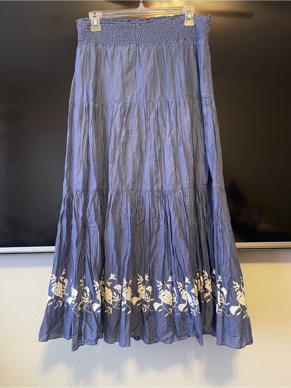 Old Navy Blue Tiered Maxi Skirt with White Floral Embroidery